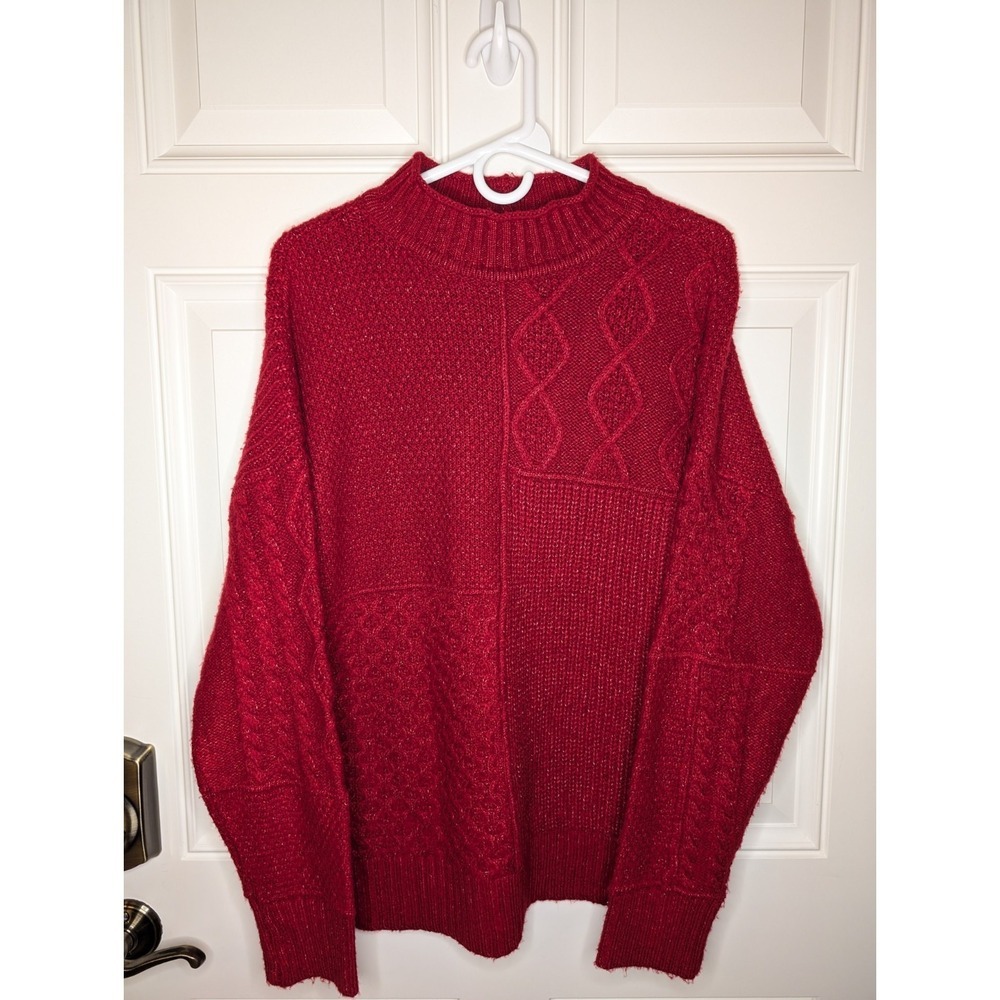 American Eagle Red Chunky Knit Soft Cozy Mock Neck Mixed Stitch Sweater Medium - Picture 4 of 10